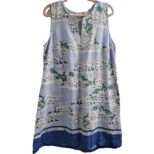 J. Jill Love Linen Dress Size L Coastal Mediterranean Print Sleeveless Pockets